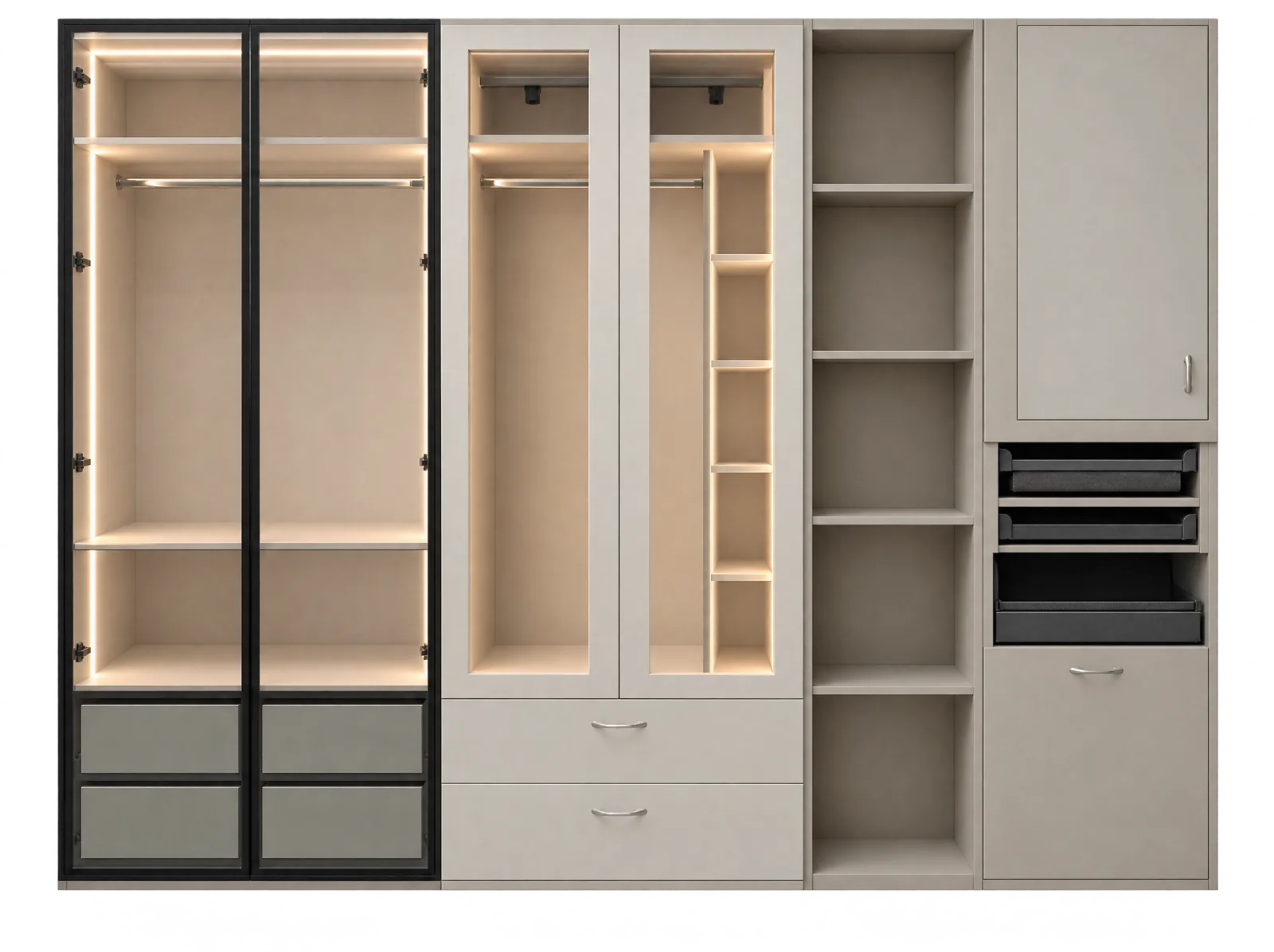 Rendering of an illuminated fitted closet system
