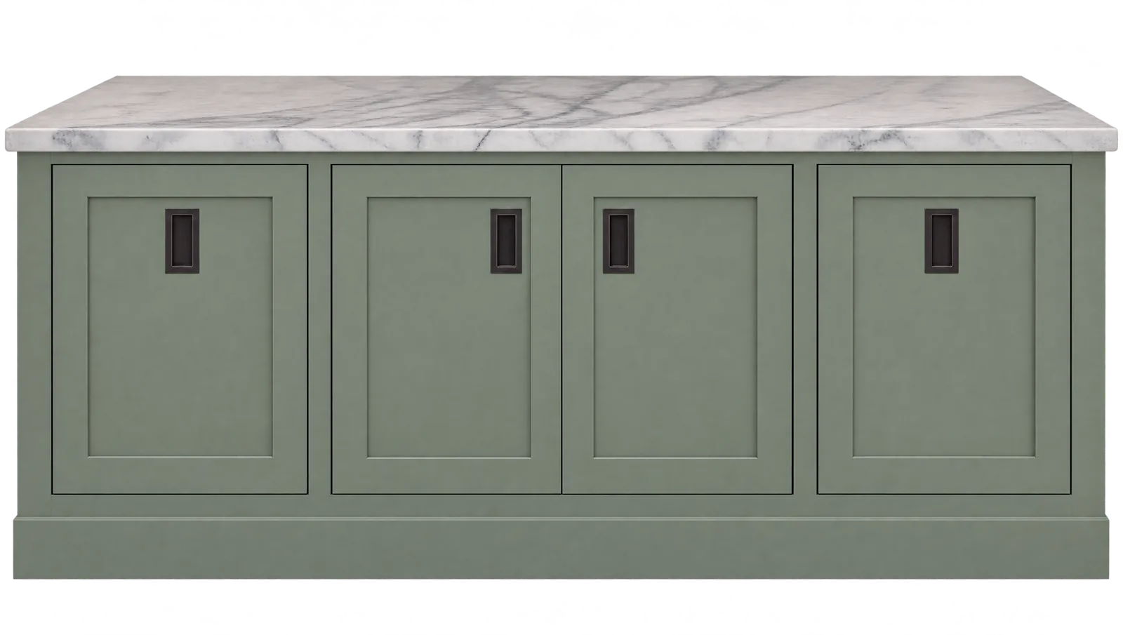 Rendering of a sage green kitchen island with inset panels and a white stone top