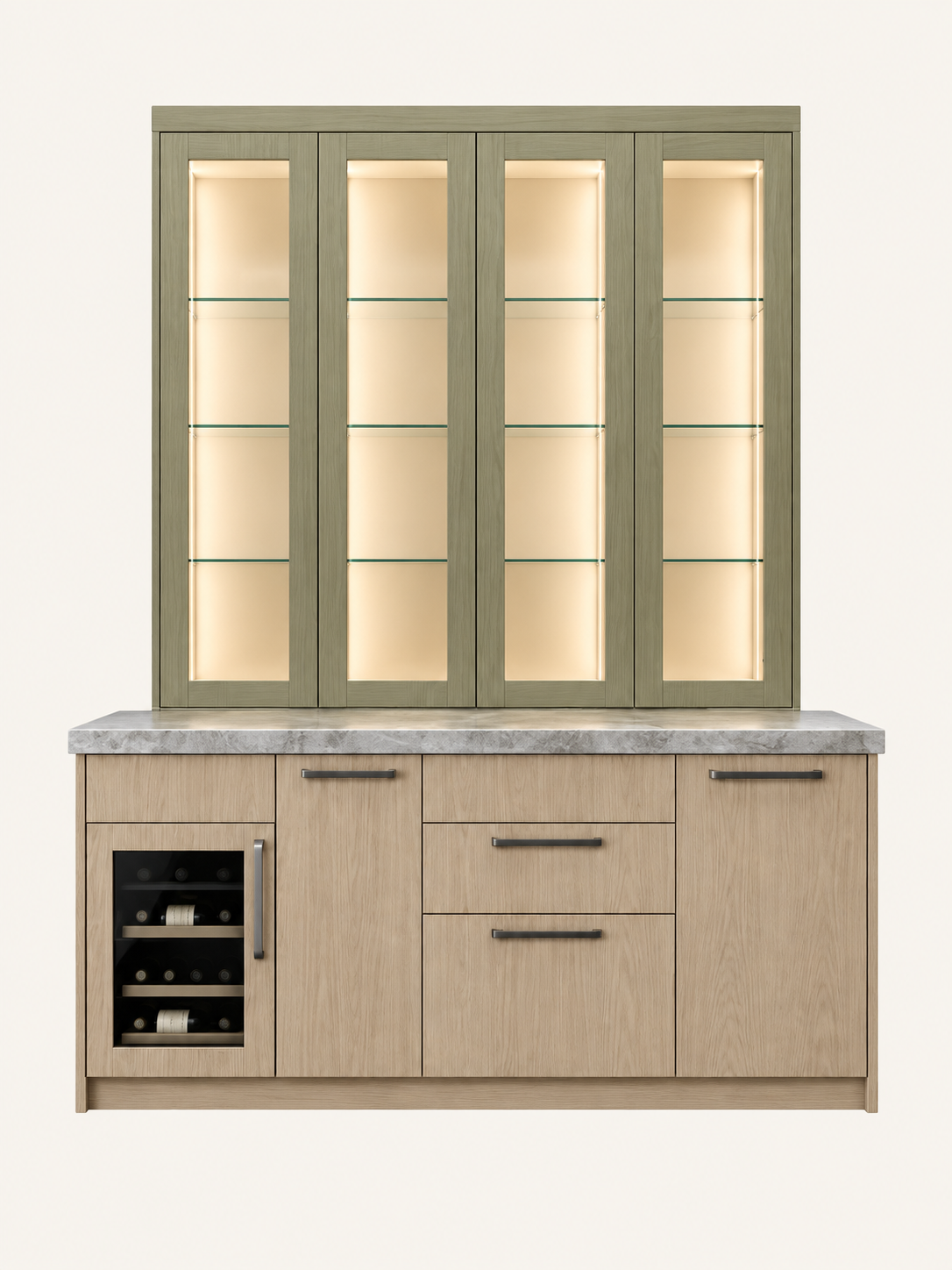 Rendering of illuminated display cabinetry