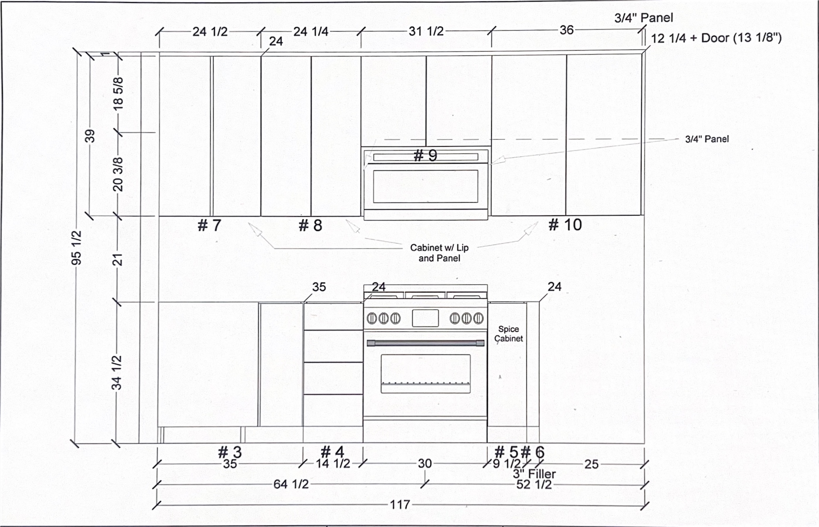 Approved Atrics elevation drawing of the kitchen range wall, showing cabinet dimensions, appliance openings, doors, and drawers