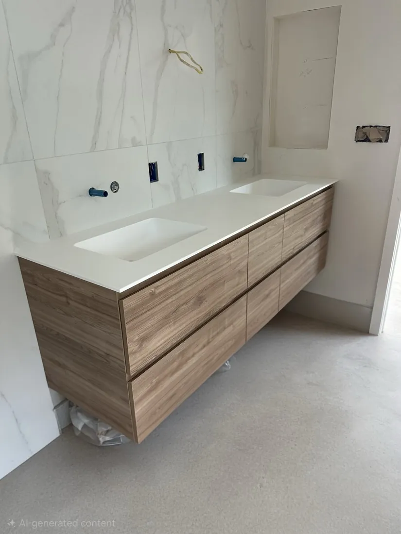 Light brown wall-hung double vanity with six drawers
